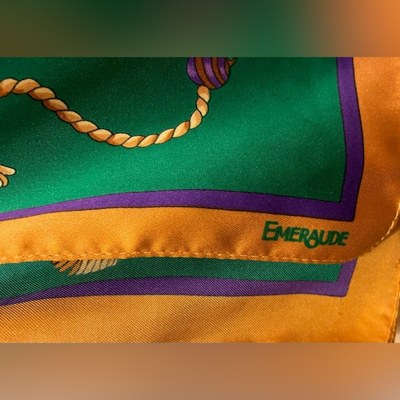 Emeraude Scarf in Satin Made in Italy Green Gold and Purple Tassel Design - Picture 3 of 4